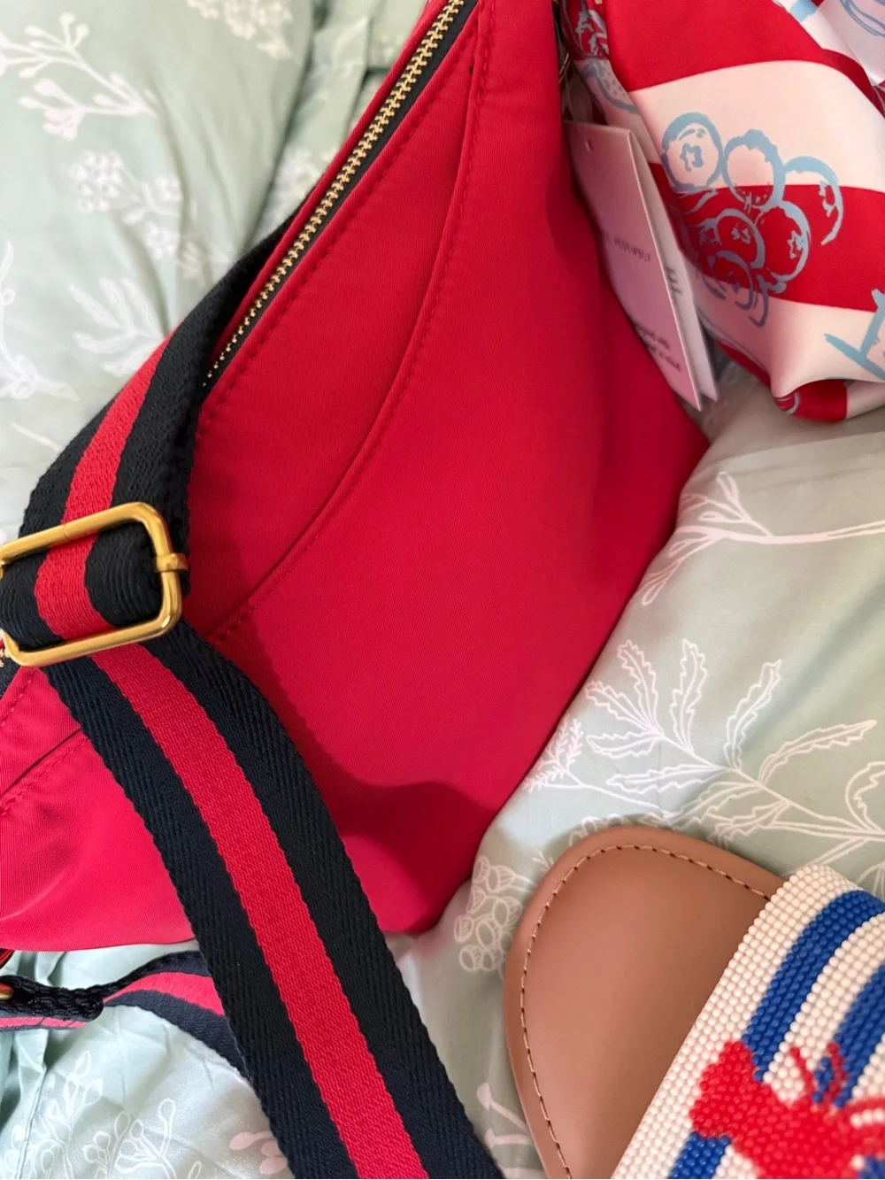 Lobster Set Red Navy Crossbody Bag Scarf Beaded Women’s Slides Sandals 8 9 10